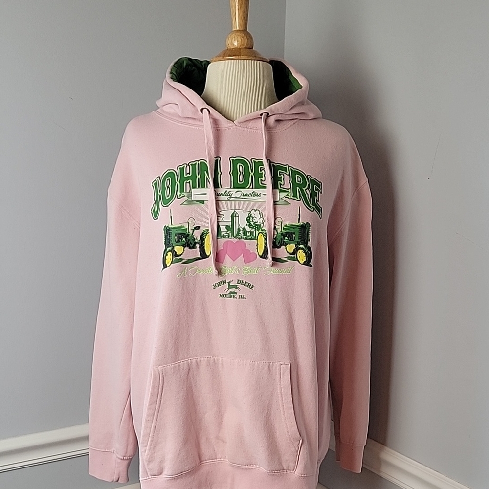 JOHN DEERE Pink Green Tractor Graphic Pull Over Hooded Hoodie Casual Sweatshirt